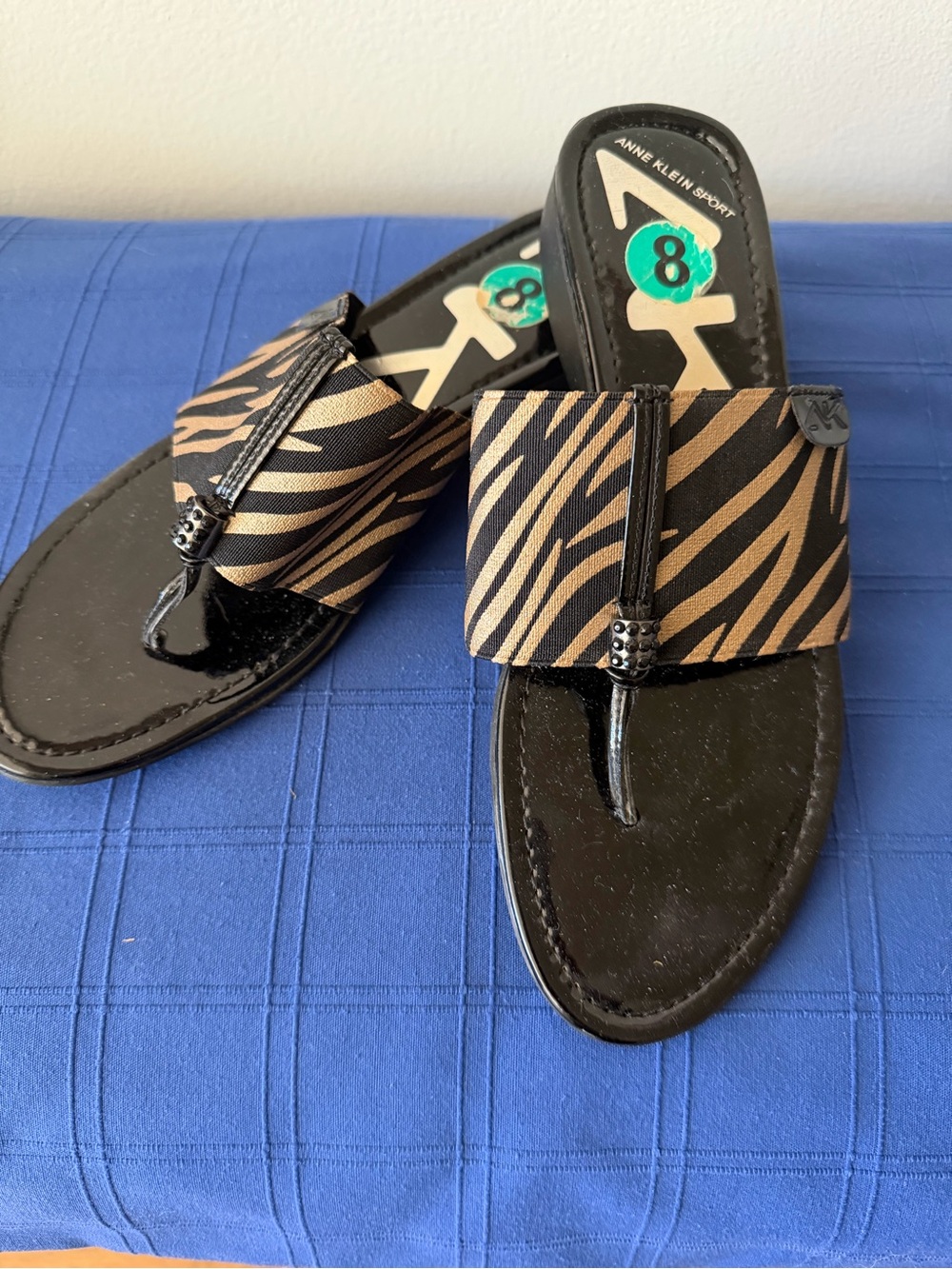 Anne Klein Black and Brown Zebra-Stripe Thong Sandals